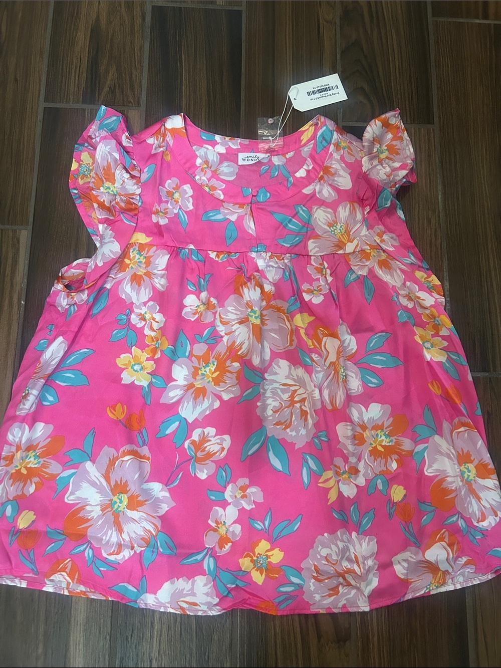 Emily Wonder Hot Pink Floral Flutter-Sleeve silk blouse